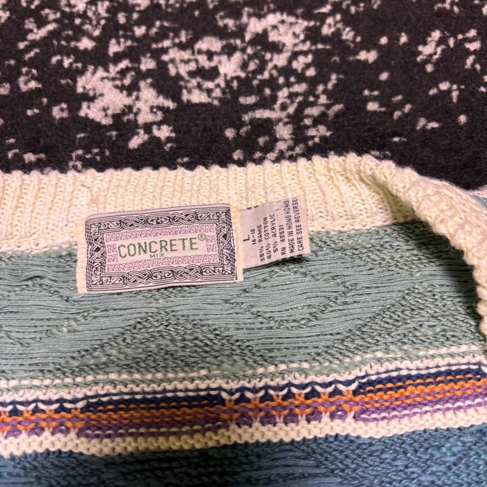 Vintage Concrete Mix Geometric Striped Cardigan Sweater Teal Cream Large - Picture 4 of 6